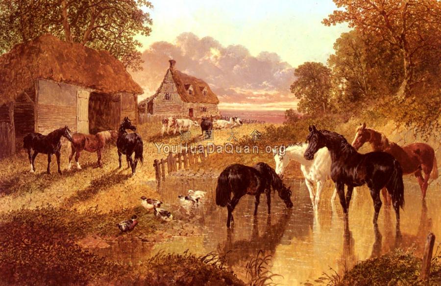The Evening Hour,Horses And Cattle By A Stream At Sunset - 约翰·弗雷德里克·赫尔林